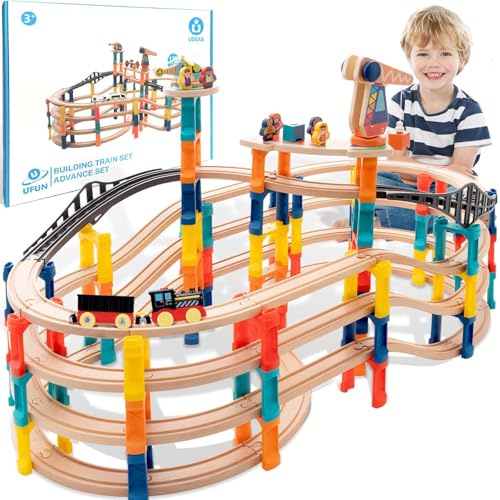 UDEAS 120Pcs Wooden Train Set with Motorized Train, Major Brand Compatible