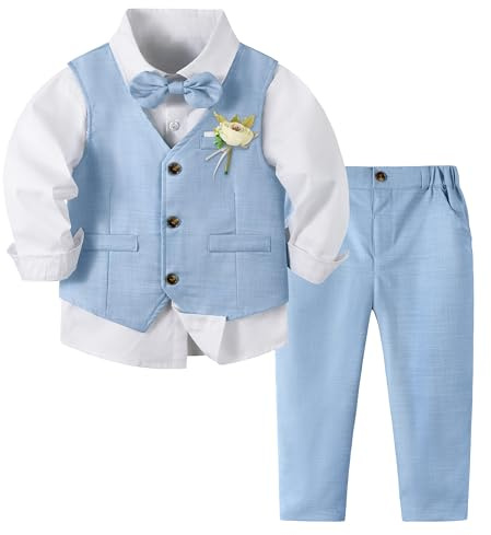 Volunboy Baby Boys 4-Piece Formal Suit, Toddler Waistcoat Wedding Party Birthday Dress Gentleman Suit(Tag Size 130,5-6 Years,Blue