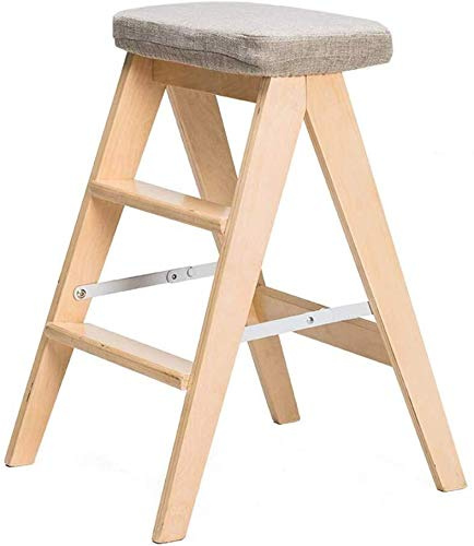 LISHEUK Klappbarer Tritthocker, 3-stufige Holzleiter mit grauem Schaumstoffsitz, kompakter Tritthocker für Haus und Garten, leichte Klapptrittleiter für einfache Aufbewahrung