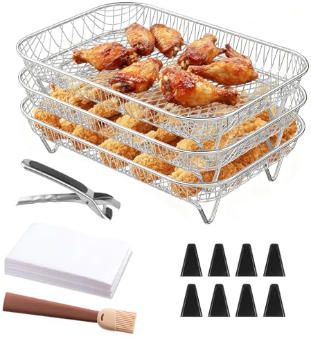 3 Pack Air Fryer Racks, Stackable Air Fryer Accessories, 3 Layers Stainless Steel Dehydrator Rack, Air Fryer Basket with Clips, Brush, 8 Heightening Feet and 100pcs Parchment Paper
