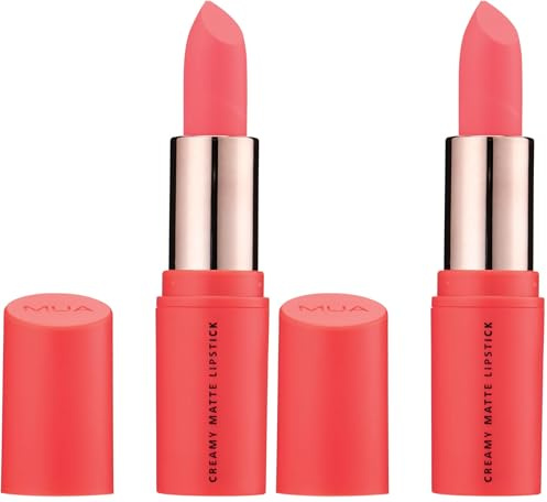 MUA Creamy Matte Lipstick, Highly Pigmented, Romance (Pack of 2) | Bubblegum Pink Shade, Creamy Matte Texture, Versatile for All Skin Tones, Vegan & Cruelty Free