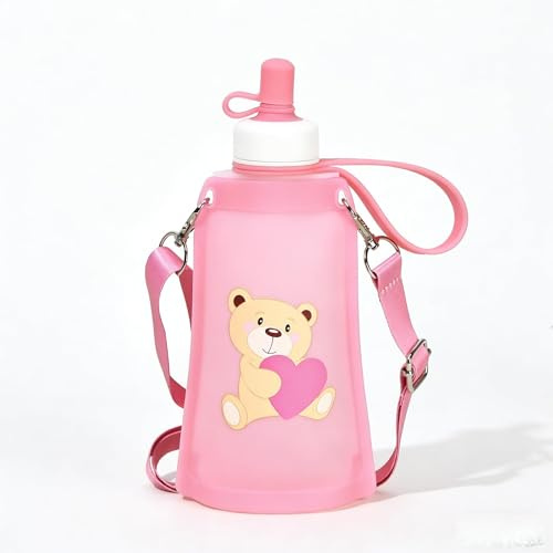MOPQMKT Foldable Water Bottle for Kid, Reusable Drinking Water Bottles Silicone Water Bag Reusable Drinking Water Bags with Handle and Shoulder Strap for Outdoor Indoor Sports, 300ml, Pink