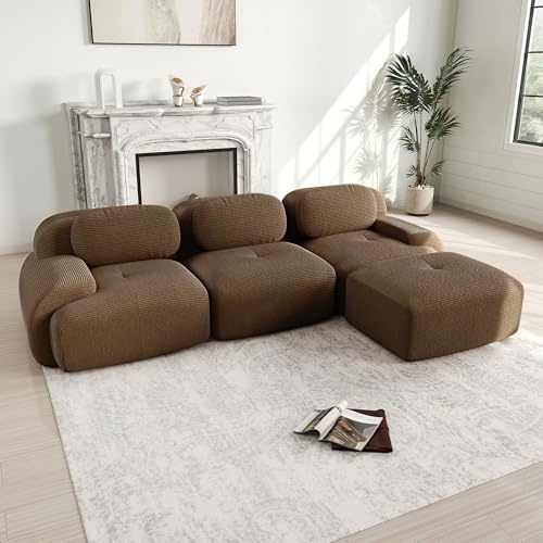 Cozzmats Modular Corner Cord Fabric Sofa - No Assembly Required, Extra-Wide Armrests, 32D High Elastic Upholstery, Ergonomic Cozy Couch (CQY-Brown,1,Armlehne rechts)