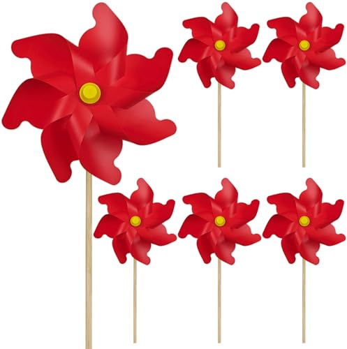 Comebachome Paquet de 6 moulins à Vent, Moulin à Vent 7 pales de 32 cm avec piquets en Bois 50 cm, décoration extérieure et Jouet pour Enfants pour Cour et Jardin, Rouge, moulins pour Enfants