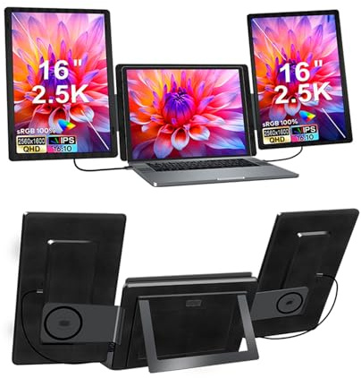 VBESTLIFE Monitor Portatile Triplo Schermo, 16 Pollici 2.5K 16:10, per Ufficio e Gaming