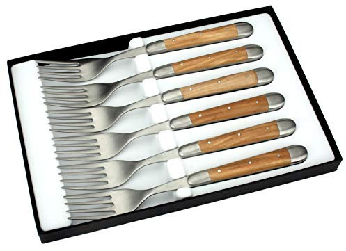 Forge de Laguiole - Set di 6 forchette con manico in legno d'ulivo, forchette da bistecca Francia - Acciaio opaco