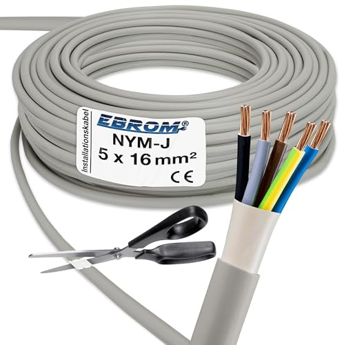 EBROM NYM-J 5x16 mm² Mantelleitung Installationskabel grau - Länge: 25 m | 1 bis 100 m, Installationsleitung Feuchtraumkabel, Hausanschluss, Verlegung in trockenen + feuchten Räumen 5x16 mm2 300V/500V
