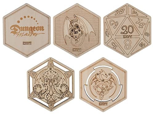 DND Dekorative Holz-Untersetzer, coole und einzigartige Tischuntersetzer, Tassen-Untersetzer, Lasergravur mit Drachen, D20 und Cthulhu, 5 Stück