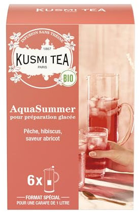 Kusmi Tea - AquaSummer - Infusion Glacée Bio - Mélange d'Hibiscus et de Fruit Saveur Pêche et Abricot - Infusion sans Théine - Etui de 6 Grands Sachets - 48 gr