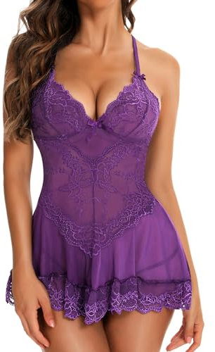 RSLOVE Lingerie Sexy pour Femme Nuisette en Dentelle Chemise en Maille Vêtements de Nuit Bridal Mini Robe Violet S