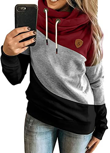 Dokotoo Damen Kapuzenpullover Stehkragen Hoodie Pullover Farbblock Sweatshirt Langarmshirt Oberteile für Herbst Winter M, Rot