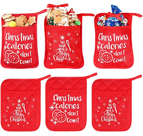 6 Pieces Christmas Pot Holders with Pocket Pot Holder Kitchen Hot Pad Oven Mitts Farmhouse Hot Potholders Cookie Bag for Christmas Kitchen Gift Cooking Baking (Red, Tree Style)