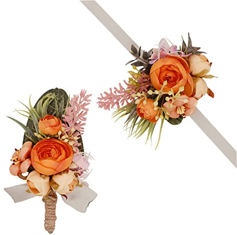 Yokoke Ansteckblume und Knopflochblume im Set, handgefertigte künstliche Pfingstrose, Rose, Handgelenk-Ansteckblume und Boutonnière für Bräutigam, Herren, Abschlussball, Anzug-Dekorationen, orange
