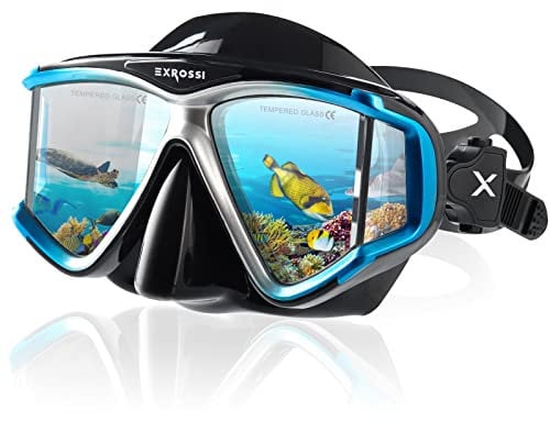 Dry Top Snorkel Mask Set, Anti Fog Tempered Glasses Tauchmaske Goggles mit Schnorchel, Professional Pano 4 Windows Adult Snorkeling Gear for Swimming Diving Scuba (Blue)