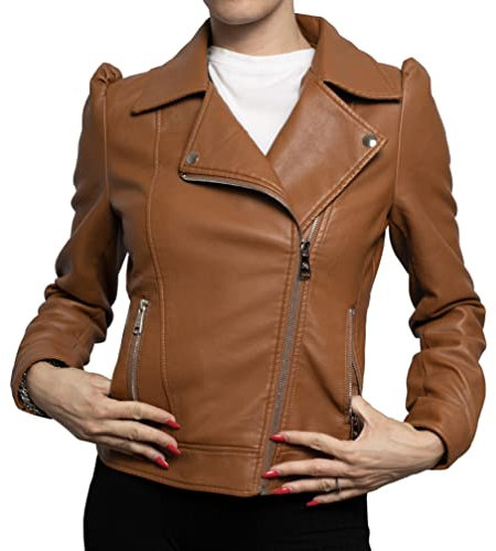 QUEEN HELENA Chiodo Giacca in Ecopelle Borchiata Giubbino Corto Giacchetta Casual Biker Motociclista Leggera Comoda Donna Y3006 Marrone M