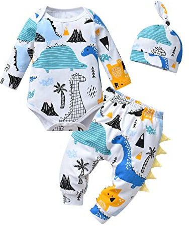 Joureker Newborn Baby Boy Clothes Graffiti Pattern Print Romper + Pants + Hat 3Pcs Outfits Set White