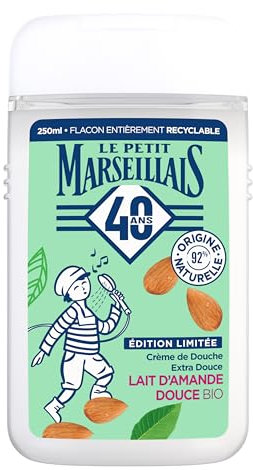 Le Petit Marseillais | Crème de Douche Extra Douce Lait d'Amande Douce Bio (flacon de 250 ml) – Gel douche avec 92 % d'ingrédients d'origine naturelle – Édition limitée 40 ans