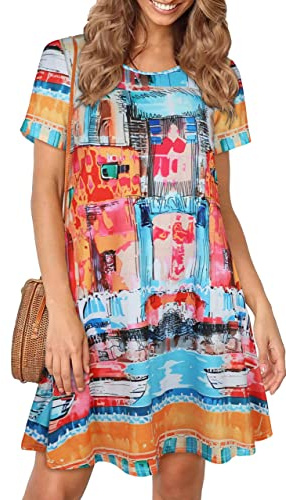 Damen-Sommerkleid, Strandkleid, lässig, lockeres T-Shirtkleid-Design, Blumenmuster, kurze Ärmel, fließende Taschen, Sonnenkleider, 3X-Groß
