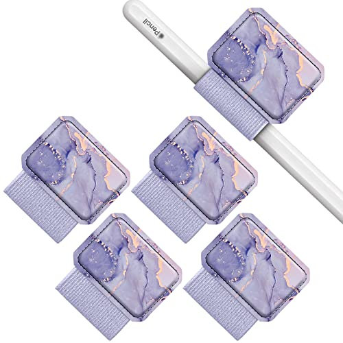 FINTIE 4 Stück Stifthalter Selbstklebend für Apple Pencil und Stylus Stift, Elastisch Kunstleder Pen Loop Holder für Notizbuch, Kalender, Tablet, Ordner, Marmor Lila