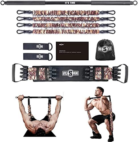 INNSTAR Portable Home Gym, Verstellbares Widerstandsband mit Stange und Kniebeugen-Bändern für Heimtraining, Bankdrücken Brusttrainer Resistance Band Set für Brust, Arm, Beintraining (200LB|Women)