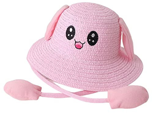 Amagogo Häschen-Strohhut-Kappen, Sonnenhut, faltbar, mit beweglichen Ohren, Strandhüte, tragbar, Fischerkappen, großer Traufhut für Frühling, kurze, ROSA