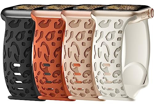 Jiamus 4 Stück Leopard Gravierte Armbänder Kompatibel mit Apple Watch Armband 40mm 41mm 44mm 38mm 45mm 49mm 42mm Damen Herren,Sport Silikon Ersatzarmband für iWatch SE Ultra 2 Series 9 8 7 6 5 4 3 2 1