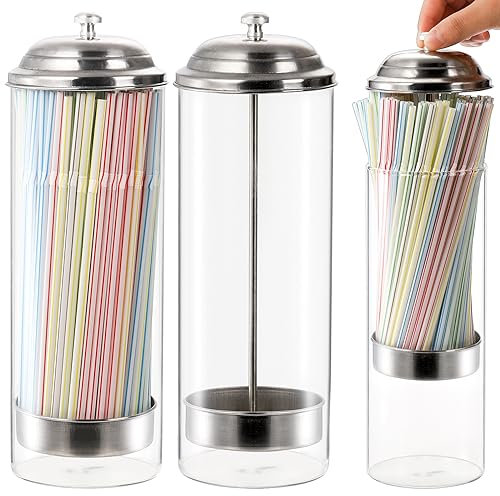 ZEAYEA 2 Pack Glass Straw Dispensers, Clear Glass with Stainless Steel Lid, Drinking Straw Organizer Containers for Home, Restaurant, Bar