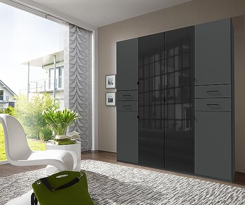 möbelando Drehtürenschrank >Danzig< in GRPAHIT + Glas SCHWARZ - 180x208x58cm (BxHxT)