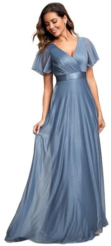 Ever-Pretty Women's Evening Dresses Long Empire Waist Bridesmaid Dress with Short Flutter Sleeves Dusty Navy 18