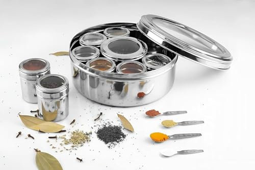 STL Masala Dabba in acciaio inox in stile indiano, 9 scomparti rimovibili, coperchi trasparenti, scatola tradizionale per spezie da 23 cm, per cucina indiana, contenitore per spezie di alta qualità