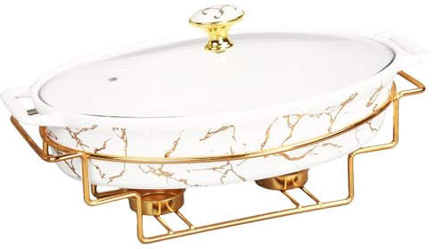 Creativity Home 12 x 8 Ceramic Casserole Baking Dish With Glass Cover and with Golden Rack, Lasagna Pan Deep for Oven, 1.7 Quarts Baking Pan with Handles, Oven Safe & Durable Bakeware for Home Decor