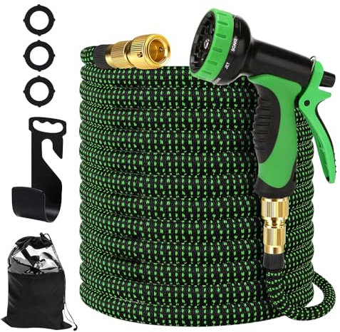 Gartenschlauch, ausziehbar, 30 m, mit Sprühpistole, 7 Funktionen, einziehbarer flexibler Wasserschlauch mit Anschlüssen 3/4 Zoll und 1/2 Zoll, auslaufsicher (grün (15 m)