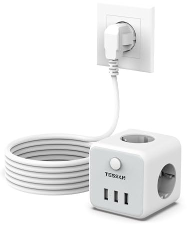 TESSAN Multiprise avec 3 USB A, Multiprise Cube 3 Prises, Rallonge Multiprise 5M, Multiprise avec Interrupteur, Prise Multiple Murale, Multiprise avec USB de Taille compacte, Blanc Multiprise Bureau