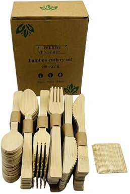 Disposable Bamboo Cutlery Set - 150 PCS Forks, Spoons, Knives for Parties, Events, and Picnics - Premium Eco-Friendly