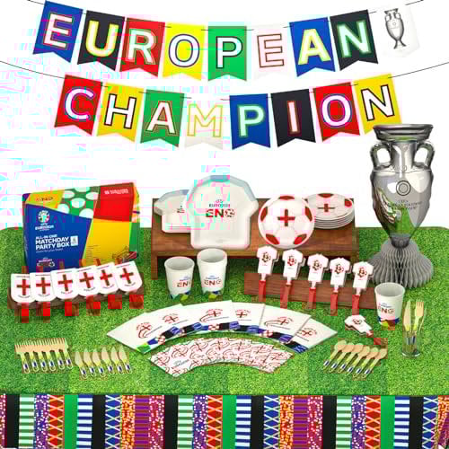 EURO2024 75Pcs England Flag Football Party Supplies for 6 Guests, Official Licensed Decoration, Includes Trophy Balloon & Clappers, Blowers, Banner, Tablecloth, Plates, Napkins, Cups, Cutlery
