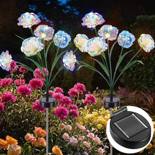 Qoosea 2 Stück Solarlampen für Außen, Rosenblüte LED Solarleuchten mit Breiterem Wasserdichte Solarpanel für Garten Dekoration, Solarlichter für Balkon Bereich, Terrasse, Gehweg, Hof, Beleuchtung