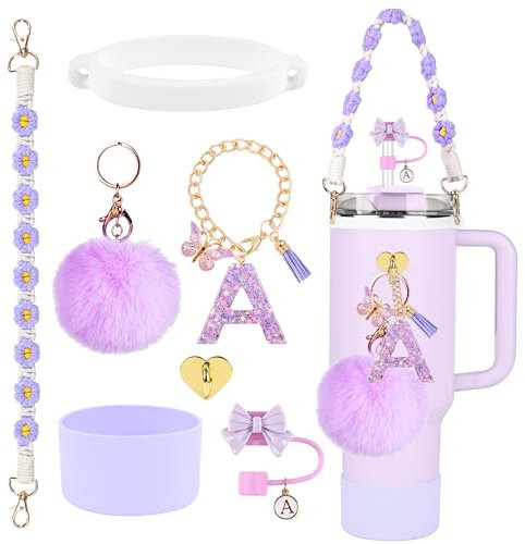 Stanley Accessories Set - Straw Topper, Silicone Cup Boot, Water Bottle Strap, Letter Charms for 40oz & 30oz Tumblers (Purple)