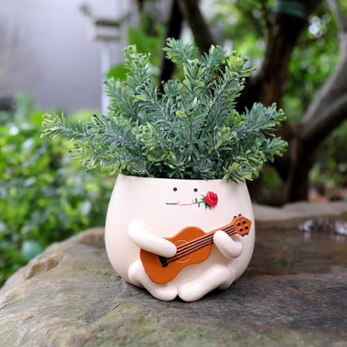 Pflanztöpfe für Pflanzen, niedlicher Gitarren-Blumentopf, Smiley-Gesicht mit Rosenblüten, Sukkulenten, Übertopf, Geschenk für Mutter, Liebhaber und Weihnachten