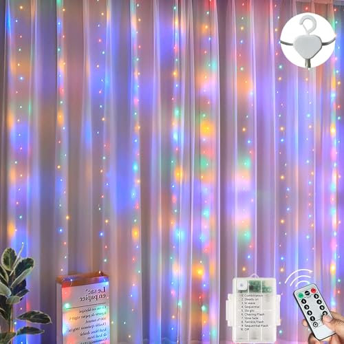 LITYBY Curtain Fairy Lights, 300LED 3M x 3M Battery Operated Curtain Lights, Waterproof Window String Lights with Remote Control Timer for Indoor Party, Bedroom, Christmas Decoration(Multi-Coloured)