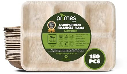 PRIMES ECO 12 x 10 Inch Areca Leaf Square Plates, 5-Compartment, Heavy-Duty and Biodegradable. Eco-Friendly, Microwave & Oven Safe, Perfect for Parties & Picnics (150 PCS)