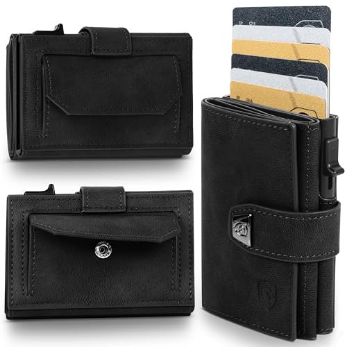 GENTO Geldbörse – kompaktes Portmonee aus Mikrofaser – RFID-Schutz – Premium-Qualität – 8 Kartenfächer – Münzfach mit Druckknopf – 3 Farben – Schiebemechanismus für Karten – Geschenkbox (Schwarz)