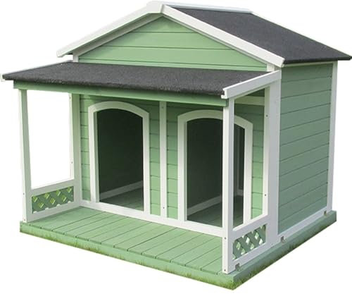 HJYryhyfddply Hundehütte Outdoor Holz Hundehütte, Außen & Innen Hundekiste mit Veranda, 2 Türen und Vorhang, für Kleine und Mittelgroße Hunde Hundehütte