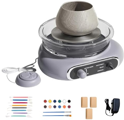 Mini tornio elettrico per ceramica, macchina per la formatura della ceramica con set di utensili per argilla, tornio da vasaio con pedale, tornio elettrico per argilla per bambini e adulti(Gray)
