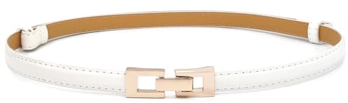 LIMHOO Damen Skinny Ledergürtel Verstellbarer Dünner Taillengürtel mit Goldener Schnalle für Kleider Jeans Hosen (Quadratisches Weiß-S)