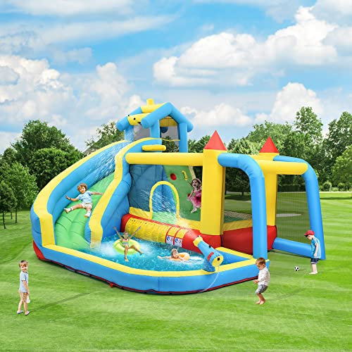 Castillo Hinchable Infantil 5 en 1 con Tobogán, Zona de salto, Piscina y Portería de Fútbol, Tamaño Inflable: 364*315*239cm, Apto para Niños de 3 a 10 años,Carga máxima 135 kg (hasta 45 kg por niño)
