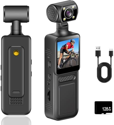 BAKENLON 4K Körperkamera Ultraklar, Bodycam Körperkamera Mini mit 180° Drehbarer Kamera, Clip und 128G Speicherkarte, 1,3-Zoll Farbdisplay, Nachtsich, Pocket Kamera für Reisen, Sport im Freien, Beruf