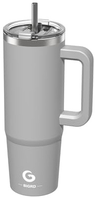 BIGRD 890ml Insulated Coffee Cup Travel Mug Double-Walled Stainless Steel Vacuum Leak-Proof Drinking Cup with Handle and Straw Thermal Tumbler,Grey