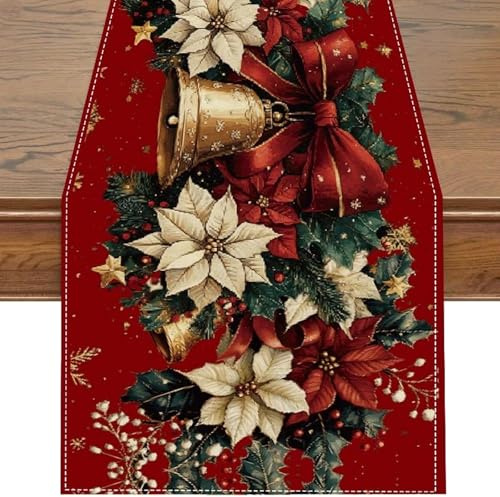 BSITSSS Christmas Table Runner 33 x 183 cm, Red Christmas Table Runner, Xmas Bells Poinsettia Flowers Table Decoration for Xmas Holiday Seasonal Home Party Decor