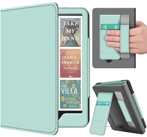 TNP Stand Case for Kindle Paperwhite 12th Generation 2024 / Kindle Colorsoft Signature Edition with Hand Strap & Card Slot - 7 PU Leather Protective Folio Cover with Auto Wake/Sleep, Agave Green