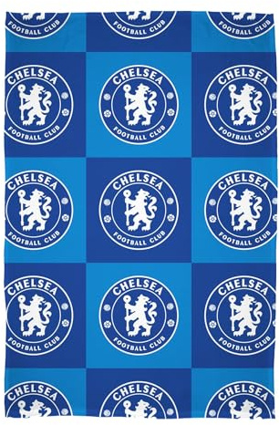 Chelsea FC Fleece Blanket - Emblem Check Design Bed Throw - Super Soft Flannel Blanket - 100 × 150cm - Perfect For Football Fans